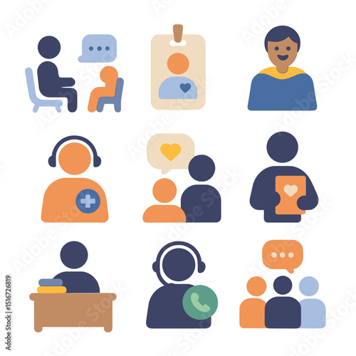 Emotional Support Icons. Flat icon set of professional emotional support roles: therapist figure, counselor
