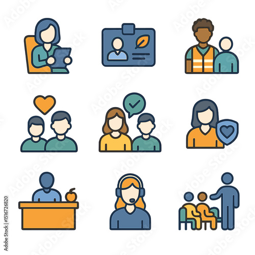 Emotional Support Icons. Flat icon set of professional emotional support roles: therapist figure, counselor