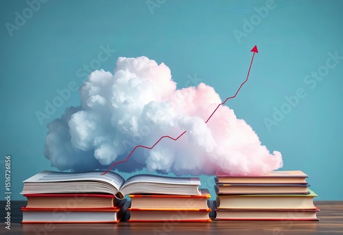 Abstract cloud, books, rising data graph symbolizing digital learning growth, knowledge, upward trend