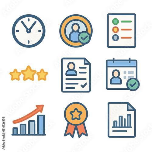Employee Performance Icons. Flat icon set of employee performance icons: punctuality clock, shift completion