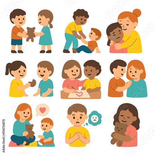 Empathy Icons Grid. Flat icon set of children showing empathy: child giving toy, friend helping up, hug with