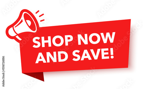 Megaphone with shop now and save speech bubble. Loudspeaker. Banner for business, marketing and advertising. Vector illustration.