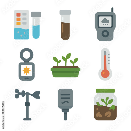 Environmental Science Icons. Flat icon set of environmental science experiments: water testing kit, soil