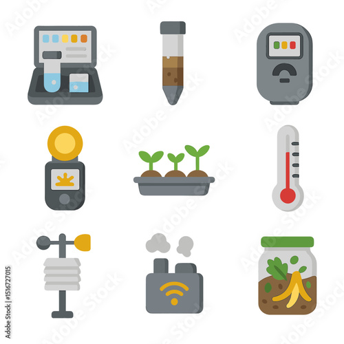 Environmental Science Icons. Flat icon set of environmental science experiments: water testing kit, soil