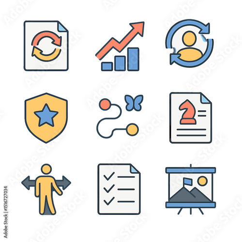 Evolving Brand Icons. Flat icon set of evolving your brand: rebranding icon, growth arrow, refresh identity