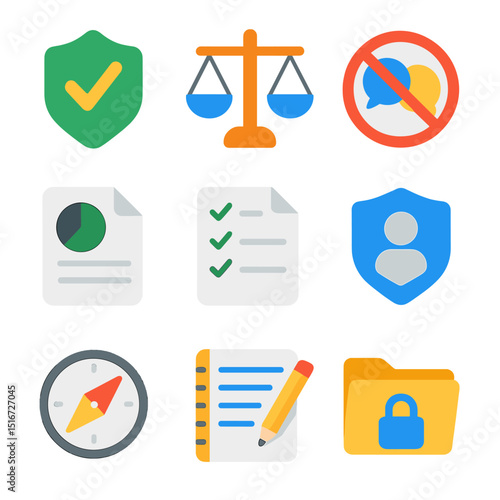 Ethical Journalism Icons. Flat icon set of ethical journalism principles: truth badge, integrity scale, no