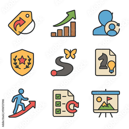Evolving Brand Icons. Flat icon set of evolving your brand: rebranding icon, growth arrow, refresh identity