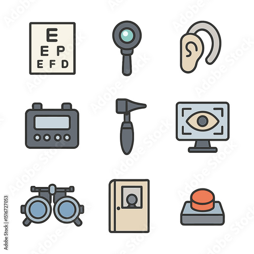 Eye & Ear Exam Icons. Flat icon set of eye and hearing exams: eye chart, pupil scope, hearing aid, audiometer