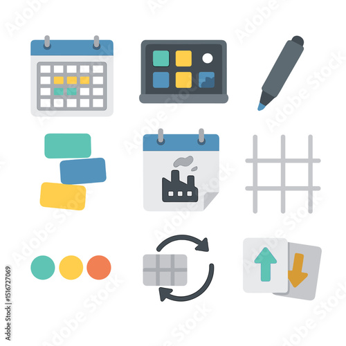Factory Planning Tools. Flat icon set of factory planning tools: wall planner, magnetic board icon, whiteboard
