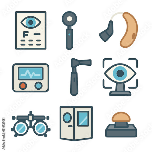 Eye & Ear Exam Icons. Flat icon set of eye and hearing exams: eye chart, pupil scope, hearing aid, audiometer