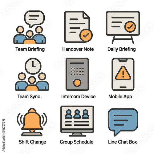 Factory Shift Coordination Icons. Flat icon set of factory shift coordination: team briefing icon, handover