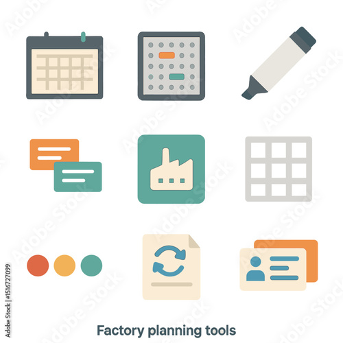 Factory Planning Tools. Flat icon set of factory planning tools: wall planner, magnetic board icon, whiteboard