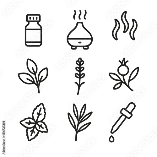 Aromatherapy Icon Set. Outline icon set of essential oils aromatherapy: oil vial, diffuser, steam lines, eucalyptus leaf, lavender