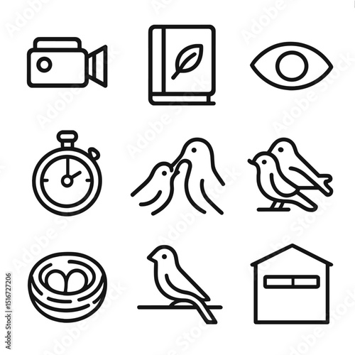 Behavioral Observation Icons. Outline icon set of behavioral observation: camcorder, field notebook, eye icon, stopwatch, feeding