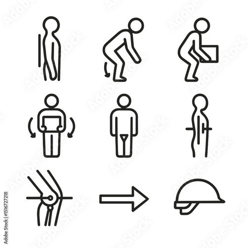 Body Mechanics Icons. Outline icon set of body mechanics principles: neutral spine, hinge at hips, bent knee lifting, load