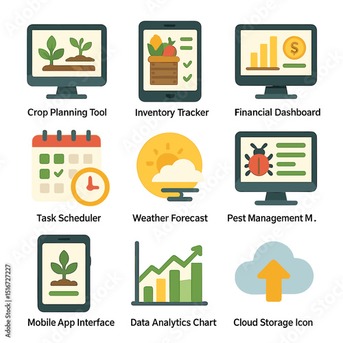 Farm Management Icon Set. Flat icon set of farm management software: crop planning tool, inventory tracker,