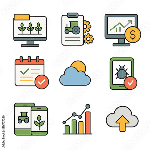 Farm Management Icon Set. Flat icon set of farm management software: crop planning tool, inventory tracker,