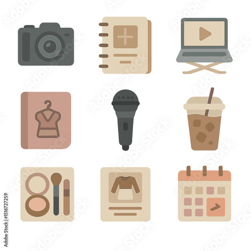 Fashion Vlogger Essentials. Flat icon set of fashion vlogger accessories: vlogging camera, aesthetic planner,
