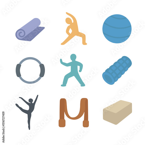 Flexibility Icons Grid. Flat icon set of flexibility and balance: yoga mat, stretching figure, balance ball,