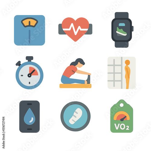 Fitness Icon Set. Flat icon set of fitness and wellness screenings: BMI scale, heart rate band, fitness