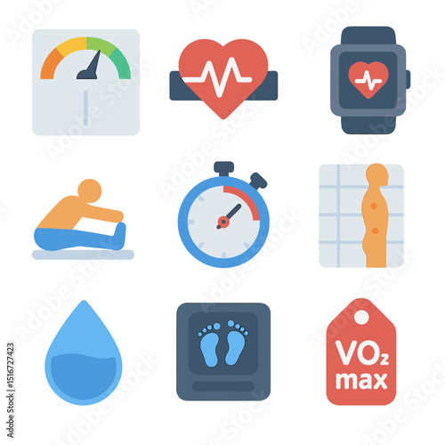Fitness Icon Set. Flat icon set of fitness and wellness screenings: BMI scale, heart rate band, fitness