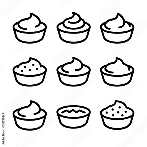 Dipping Sauce Icons. Outline icon set of dipping sauces and sides: ketchup, ranch, aioli, sweet chili sauce, cheese sauce,
