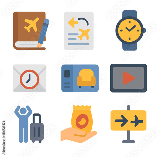 Flight Delay Essentials. Flat icon set of managing time during a flight delay: travel journal, itinerary