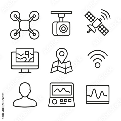 Drone Operation Icons. Outline icon set of reconnaissance drone operations: quadcopter drone, camera gimbal, satellite uplink icon