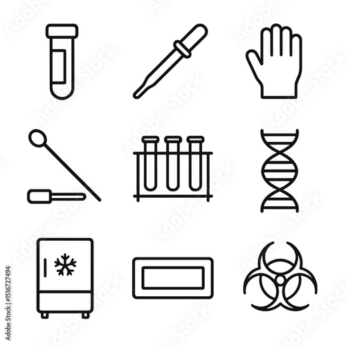 DNA Sampling Icons. Outline icon set of DNA sampling: vial tube, pipette, glove, sample swab, test tube rack, DNA helix, freezer,
