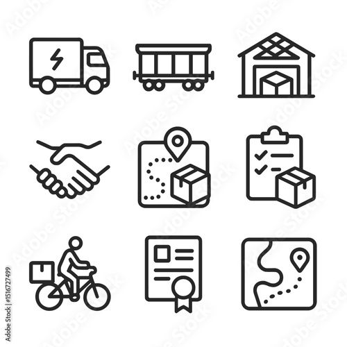 Eco Supply Chain Icons. Outline icon set of green supply chain: electric truck, rail freight car, warehouse with solar roof,