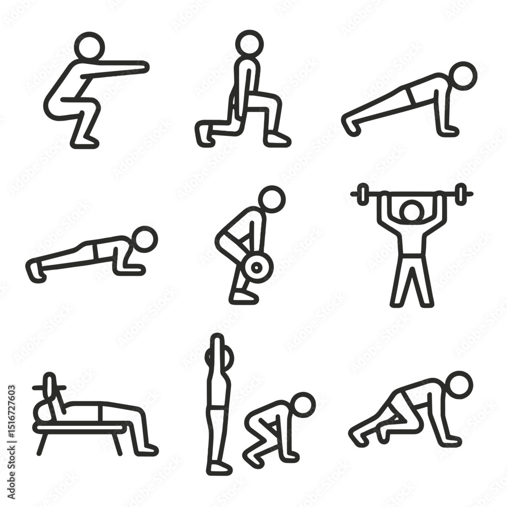 Exercise Icon Set. Outline icon set of exercise demonstration: squat silhouette, lunge outline, push-up icon, plank pose, deadlift Exercise Icon Set. Outline icon set of exercise demonstration: squat silhouette, lunge outline, push-up icon, plank pose, deadlift