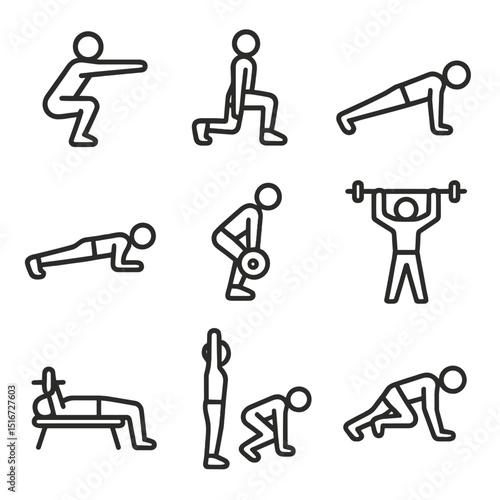 Exercise Icon Set. Outline icon set of exercise demonstration: squat silhouette, lunge outline, push-up icon, plank pose, deadlift