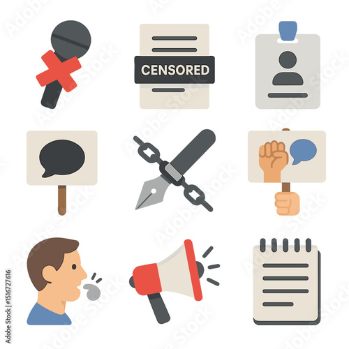 Freedom of Speech Icons. Flat icon set of freedom of speech protests: microphone with tape, censored document,