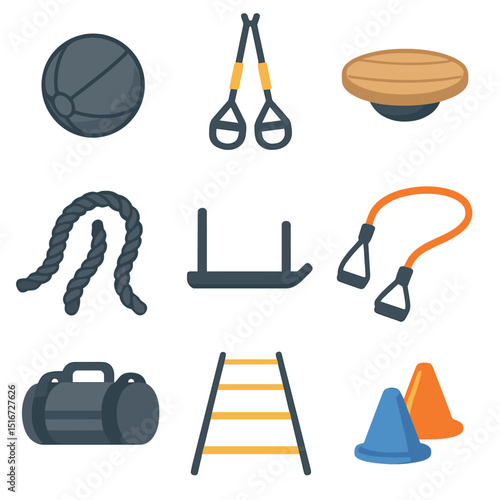 Functional Training Icons. Flat icon set of functional training gear: medicine ball, TRX straps, balance board