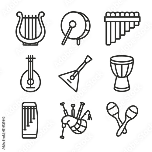 Folk Music Icon Set. Outline icon set of folk music heritage: lyre, hand drum, pan flute, kora harp, balalaika, djembé drum, koto,
