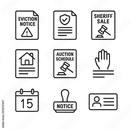 Foreclosure Icon Set. Outline icon set of foreclosure and repossession notices: eviction notice, lien release form, sheriff’s sale