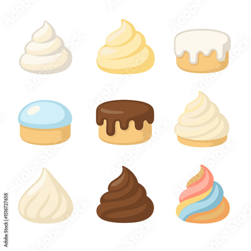 Frosting Type Icons. Flat icon set of frosting types: whipped cream swirl, buttercream mound, royal icing drip