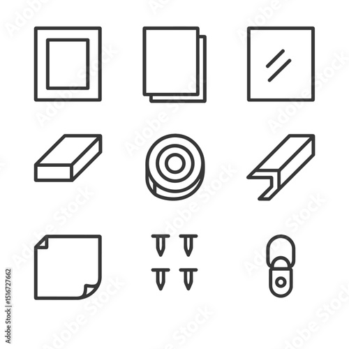 Framing Materials Icons. Outline icon set of framing materials: matboard sheet, backing board, glass pane, foam core, mounting