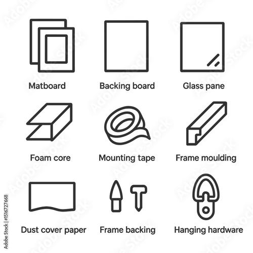 Framing Materials Icons. Outline icon set of framing materials: matboard sheet, backing board, glass pane, foam core, mounting