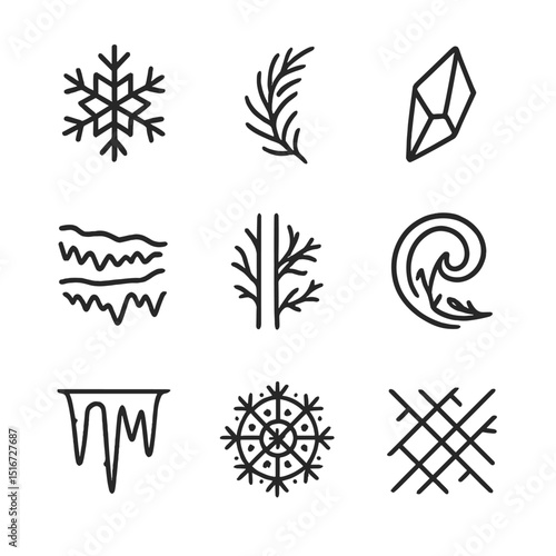Frost Icon Collection. Outline icon set of frost and ice patterns: snowflake crystal, frost fern, ice shard, hoarfrost layer, rime