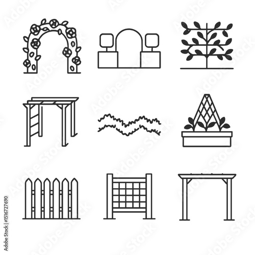 Garden Layout Icons. Outline icon set of garden layout styles: cottage rose arch, formal box hedge, espaliered wall, pergola