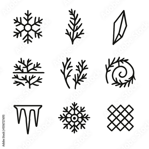 Frost Icon Collection. Outline icon set of frost and ice patterns: snowflake crystal, frost fern, ice shard, hoarfrost layer, rime