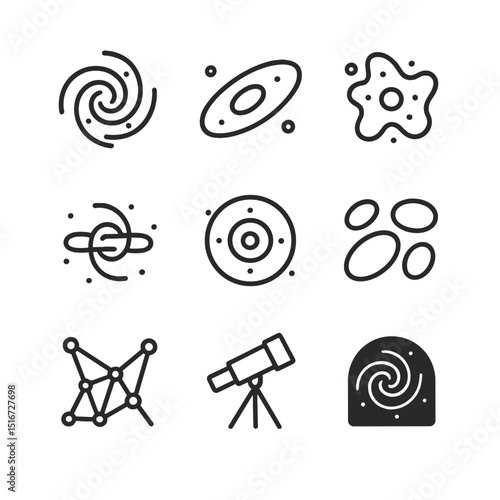 Galaxy Icon Set. Outline icon set of galaxy types: spiral galaxy, elliptical galaxy, irregular galaxy, barred spiral, ring galaxy,
