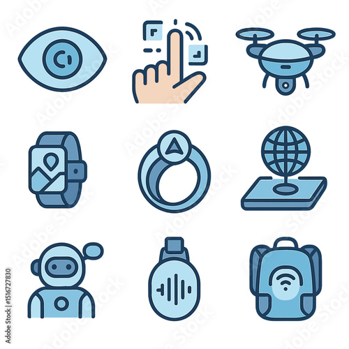 Futuristic Travel Icons. Flat icon set of futuristic travel devices: AR contact lens, gesture-controlled
