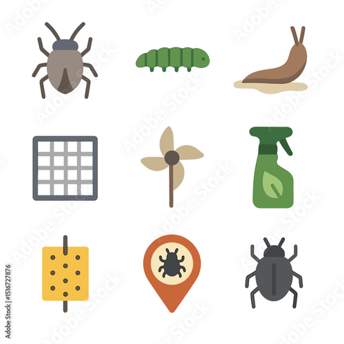 Garden Pest Solutions Icons. Flat icon set of flowerbed pests and solutions: aphid bug, caterpillar icon, slug