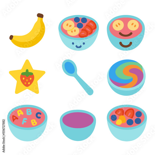 Kids' Smoothie Icons. Flat icon set of kids-friendly smoothie bowls: cartoon banana, fun face bowl, smiley