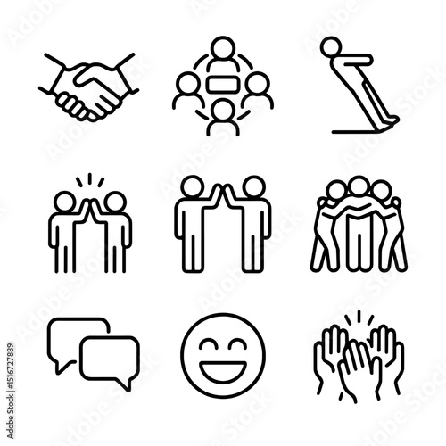 Icebreaker Icon Set. Outline icon set of icebreaker activities: handshake icon, name circle, trust fall, high-five, partner mirror