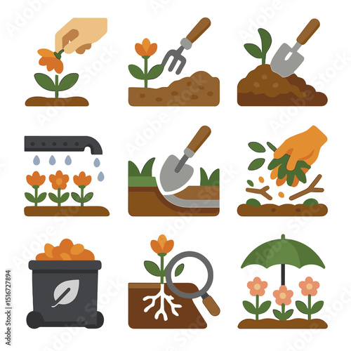 Garden Maintenance Icons. Flat icon set of garden maintenance activities: deadheading flowers, weeding