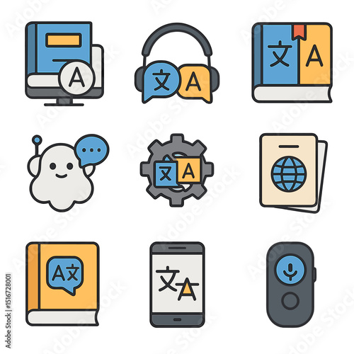 Language Support Icons. Flat icon set of language support tools: online dictionary, translator headphones,