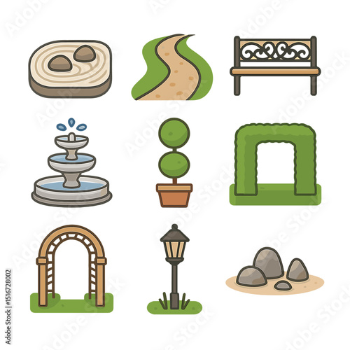 Landscape Architecture Icons. Flat icon set of landscape architecture art: zen garden, curved pathway,